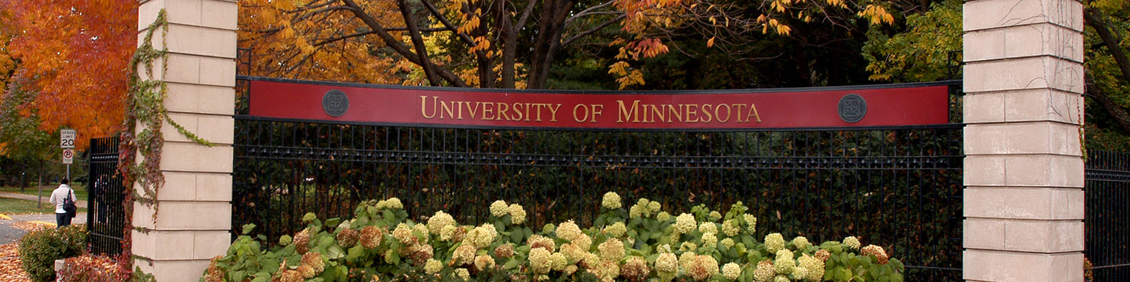 Sign at entrance to campus that says University of Minnesota surrounded by flowers