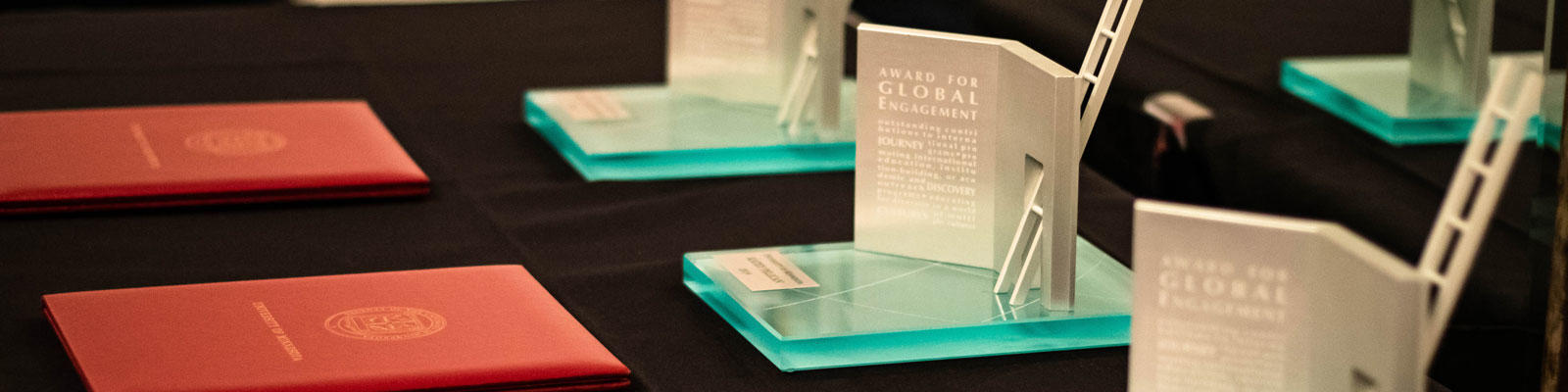 close-up of a table full of award trophies