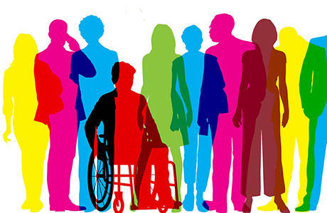 drawing of a variety of people in different colors and visible disabilities