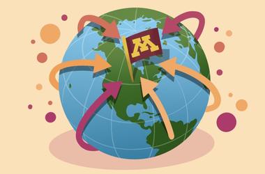 Illustration of arrows from around the world landing in Minnesota, marked by a UMN flag