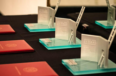 award trophies and certificates sitting on table
