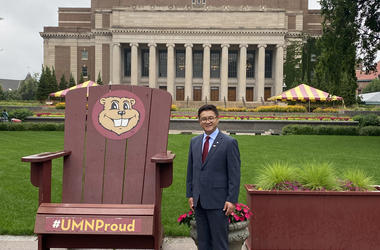 Ji-yeong Lee on Northrop Mall, next to the giant Adirondack chair