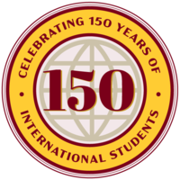 circle and globe with 150 in the middle and Celebrating 150 Years of International Students around the outside