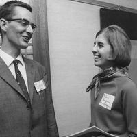 1966: Deiter Schmidt, a graduate student in mathematics from West Germany, talking to Sara Turngren, a senior affiliated with Education USA