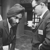 1966: Kanwal Nain Singh, a graduate student in mechanical engineering from India, talks to E. Thomas Dowd of the Student Activities Bureau