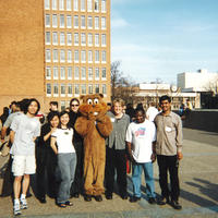 Undated: International students attending Small World Coffee Hour pose with Goldy Gopher