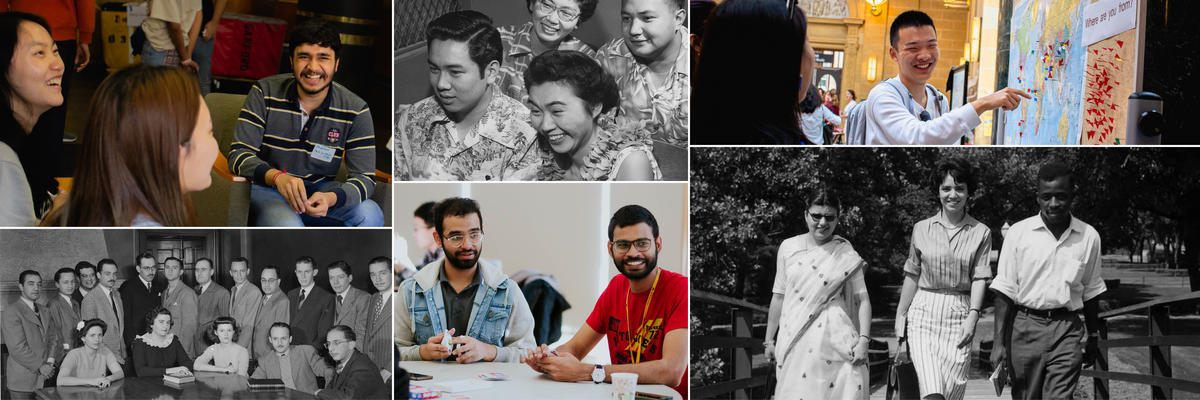 Collage of photos of international students over the years. Student smiling in present day while talking to two others. Group of Latin American students pose for a photo in 1944. Four students smile in leis and tropical attire in an undated black-and-white photo. Two students play games in 2023. A student points to a world map in 2022. Three students walking in 1961.