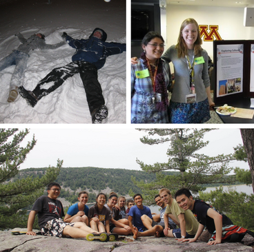 Collage: Two people making snow angels, two people smiling next to a poster board about Students Crossing Borders, a group poses for a photo in front of a scenic lake and trees