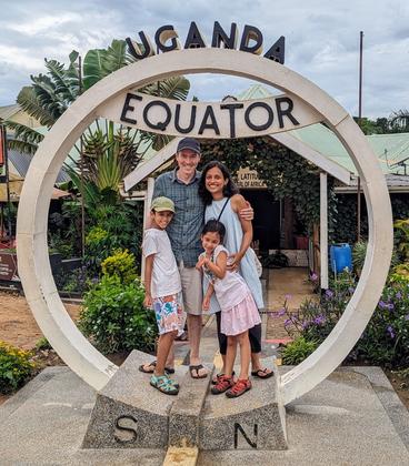 Byron Vaughn and his family at a sculpture marking the equator