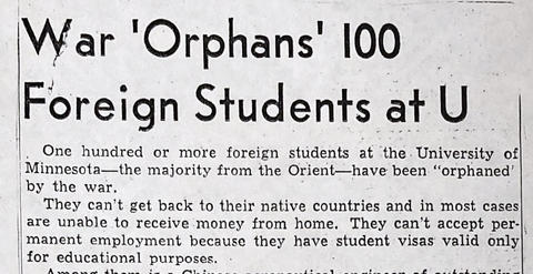 Newspaper article with headline "War 'Orphans' 100 Foreign Students at U"