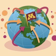 Illustration of arrows from around the world landing in Minnesota, marked by a UMN flag