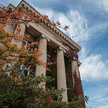 Columned building behind a tree changing colors in the fall