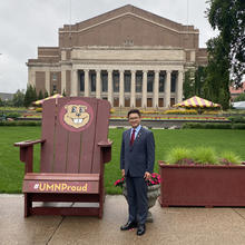 Ji-yeong Lee on Northrop Mall, next to the giant Adirondack chair